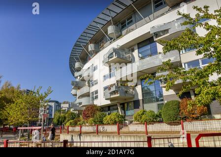 Case di abitazione in Rummelsburger bay, Stralau, Friedrich di grove, Berlino, Germania, Wohnhaeuser an der Rummelsburger Bucht, Friedrichshain, Deutsch Foto Stock