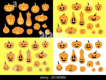 Serie di illustrazioni vettoriali isolate. Adesivi per il design Halloween. Zucche incandescenti. Collezione di lanterna di zucca. Spaventoso, sorridente, arancione divertente Illustrazione Vettoriale