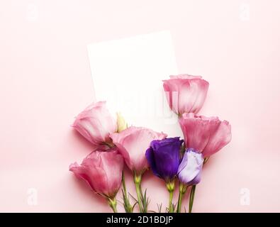 Un foglio di carta si trova orizzontalmente su carta rosa, fiori di eustoma (lisianthus) Vista dall'alto, spazio di copia. Concept Festa della mamma, Giornata della famiglia, San Valentino Foto Stock