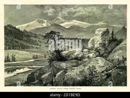 Antica illustrazione di Longs Peak Mountain, vista da Estes Park, Colorado, USA. Incisione pubblicata in America pittoresca o la Terra viviamo Foto Stock