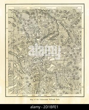 Incisione in legno del XIX secolo di una mappa del parco nazionale di Yellowstone, situato principalmente nello stato del Wyoming. Illustrazione pubblicata in Picturesq Foto Stock