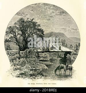 Antica illustrazione di un vecchio ponte sul fiume BlackBerry, vicino a Canaan, stato statunitense del Connecticut. Incisione pubblicata in America pittoresca o. Foto Stock