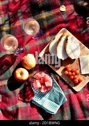 Pomeriggio estivo d'autunno per un magnifico picnic al parco la caduta lascia con cibo gourmet e bevande Foto Stock