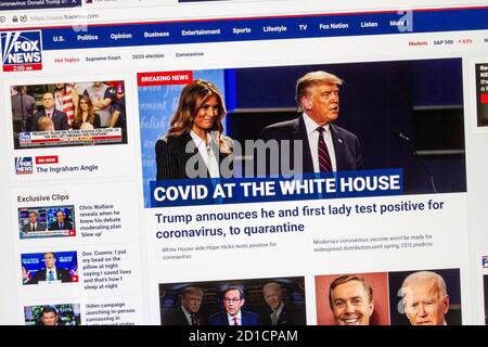Screenshot del sito web di Fox News che annuncia che il 2 ottobre 2020 il presidente degli Stati Uniti Donald Trump ha dato risultati positivi per Covid-19. Foto Stock