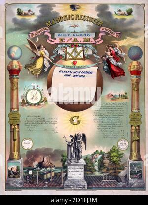 Registro Masonic - Stampa mostra un certificato di adesione in un ordine massonico, parzialmente compilato per Alex. F. Clark membro del Rising Sun Lodge n. 103 a Saratoga Springs, N.Y., 4 aprile 1881. Sulla colonna di sinistra è inscritto in inchiostro - iniziato il 18 maggio 1874 e sulla destra è inscritto in inchiostro - passato 15 giugno 1874. Include, a sinistra, una fotografia ritratto di Clark, ritratto di testa e spalle, rivolto verso la parte anteriore, probabilmente montato su un carte-de-visite, che è incorporato nella stampa, circa 1876 Foto Stock