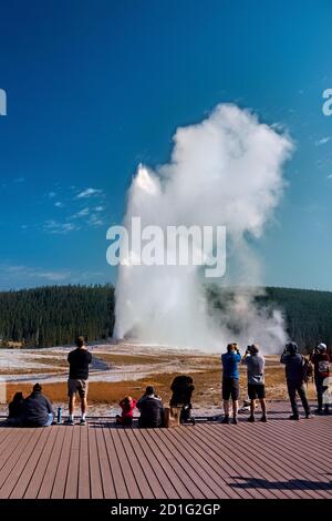 I turisti che amano Old Faithful, Upper Geyser Basin, Yellowstone National Park, Wyoming, USA Foto Stock