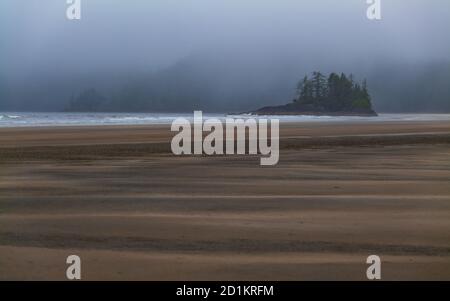 Bella spiaggia della baia di San Josef con isola di alberi sola sull'isola di Vancouver, nella Columbia Britannica, Canada, in una giornata bagnata dalla nebbia. Foto Stock