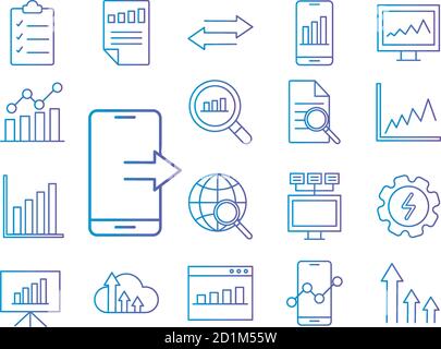 Analisi dei dati icone stile gradiente raccolta disegno vettoriale Illustrazione Vettoriale