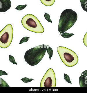 Modello senza cuciture con avocado e foglie. Disegno di mano di dieta del keto. Cibo biologico. Elementi decorativi per tessuti, carta da imballaggio o quaderni. Foto Stock