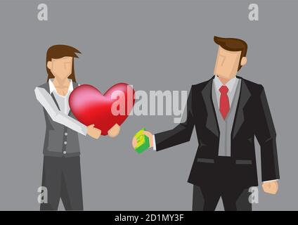 Donna cartone animato che consegna la forma del cuore rosso all'uomo ricco in abito nero con denaro in mano. Illustrazione vettoriale creativa per lo scambio di denaro per amore con Illustrazione Vettoriale