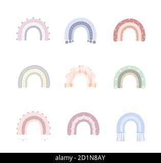 Arcobaleno in stile boho. Graziosi arcobaleni in colori pastello. Poster scandinavo stampabile per sala giochi e bambini. Doodle art elementi. Vettore moderno Illustrazione Vettoriale