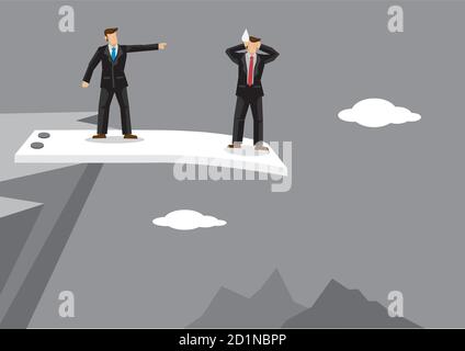 Dipendente stressato in piedi al bordo della trampolino di lancio a scogliera di montagna e datore di lavoro che gli chiede di andare oltre. Illustrazione vettoriale creativa sulla metafora fo Illustrazione Vettoriale