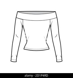 Disegno tecnico di moda con maniche lunghe e forma aderente. Capo outwear per camicia piatta, modello frontale, colore bianco. Donne, uomini, mockup di cimeria unisex Illustrazione Vettoriale