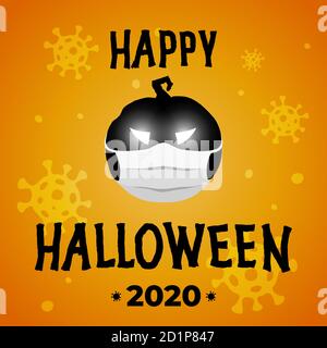 Felice poster vettore halloween. Festa di Halloween 2020 durante l'epidemia di coronavirus del covid-19. Lanterna Jack di zucca in maschera medica. Banner, retro virale Illustrazione Vettoriale