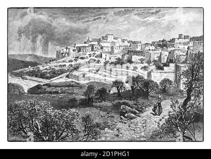 Una vista del 19 ° secolo di Betlemme, luogo di nascita di Cristo, una città situata nella Cisgiordania centrale, Palestina, a circa 10 km (6.2 miglia) a sud di Gerusalemme. Al tempo del disegno, la città era stata sotto il dominio ottomano una volta dal 1841 e lo è rimasto fino alla fine della prima guerra mondiale Foto Stock