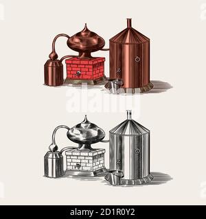 Alcool distillato. Dispositivo per la preparazione di tequila, cognac e liquori. Schizzo vintage inciso a mano. Stile di legno. Illustrazione vettoriale per il menu Illustrazione Vettoriale