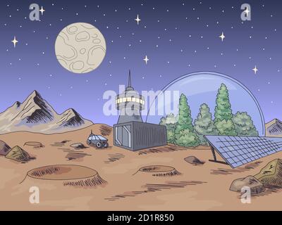 Colony Planet grafico spazio colore orizzontale illustrazione schizzo vettore Illustrazione Vettoriale