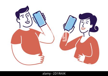 Simbolo delle persone che parlano sugli smartphone. Illustrazione vettoriale del concetto di comunicazione Illustrazione Vettoriale