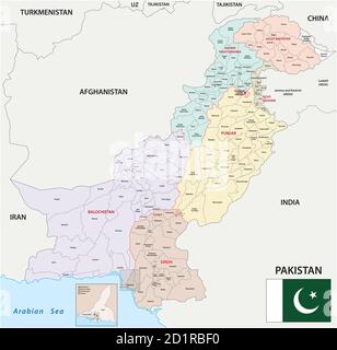 Mappa amministrativa vettoriale della Repubblica islamica del Pakistan con bandiera Illustrazione Vettoriale