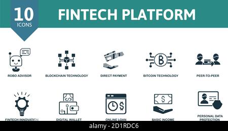 Set di icone della piattaforma FinTech. La raccolta contiene pagamenti diretti, consulenti robo, tecnologia blockchain, peer-to-peer e icone. Piattaforma FinTech Illustrazione Vettoriale