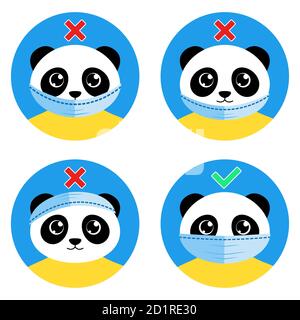 L'orso carino del panda mostra come indossare correttamente la maschera facciale. Modi giusti e sbagliati di indossare una maschera medica protettiva. Istruzione cartoony per bambini Illustrazione Vettoriale