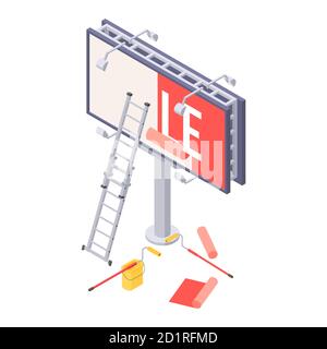 Affissioni installazione illustrazione vettoriale isometrica - processo di adesione pubblicità su grande città ooh banner. Illustrazione Vettoriale