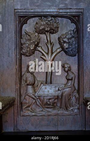 Tristán e Isolda jugando al ajedrez espiados por el rey Marco, Cadira d¨Alfàbia, siglo XV, - la cadira del rei moro -, Alfabia, Bunyola, Mallorca, Bal Foto Stock