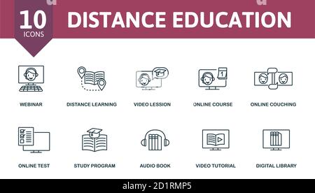 Set di icone formazione a distanza. La raccolta contiene l'apprendimento a distanza, il webinar, il coaching online, la lezione video e le icone. Elementi di formazione a distanza Illustrazione Vettoriale
