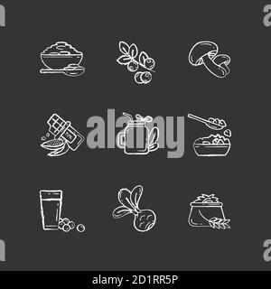 Piatti vegetariani gesso bianco icone set su sfondo nero Illustrazione Vettoriale