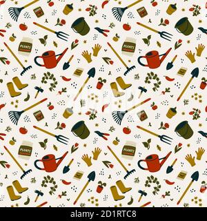 Disegno senza giunture di giardinaggio. Diversi tipi di attrezzi per il giardinaggio e il giardinaggio. Illustrazione Vettoriale