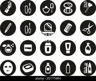 Prodotti di bellezza o icone cosmetiche Bianco su Black Flat Design Cerchio Set Grande Illustrazione Vettoriale