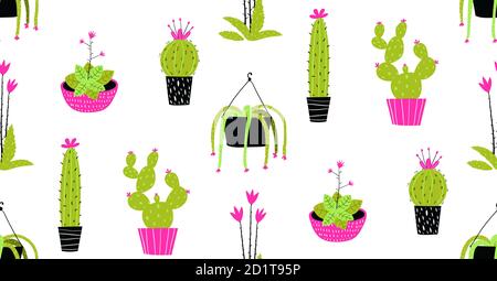 Cactus e succulento in pentole senza cuciture motivo sfondo. Illustrazione Vettoriale