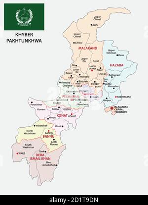 Mappa amministrativa vettoriale della provincia pakistana di Khyber Pakhtunkhwa con bandiera, Pakistan Illustrazione Vettoriale