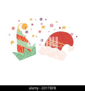 Elementi di Natale e Capodanno. Cappelli piani elfo e Babbo natale su stelle e confetti di sfondo. Illustrazione vettoriale per cartoline, adesivi, stampa Illustrazione Vettoriale