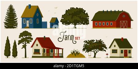 Set di fattoria. Varie case rurali, fienili e alberi diversi. Illustrazione Vettoriale