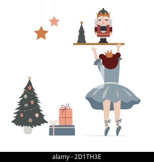 Illustrazione del concetto invernale scandinavo in stile vintage. Ballerina piccola cercando di ottenere nutcracker. Buon biglietto d'auguri di Natale. Vettore Illustrazione Vettoriale