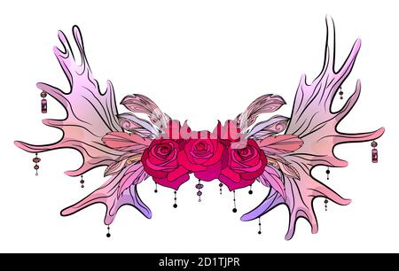 Disegno a colori di antlers di alci con piume, perline e rose. Illustrazione tribale. Elemento boho vettoriale per biglietti, inviti, stampa t-shirt e yo Illustrazione Vettoriale