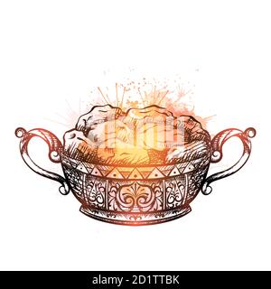 Incisione di datteri in un vaso di lusso con spruzzi d'acquerello. Festa per Ramadan kareem. Elemento di tratteggio vettore per menu, inv Illustrazione Vettoriale