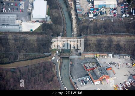 Skerne Railway Bridge, Darlington, County Durham, Regno Unito. Vista aerea. Foto Stock