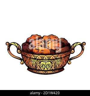 Illustrazione da colorare di datteri in un lussuoso vaso d'oro. Festa per Ramadan kareem. Elemento di tratteggio vettoriale per menu, inviti e creat Illustrazione Vettoriale