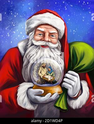 Storia di Natale. Babbo Natale sta tenendo un globo di neve di Natale, notte di Natale, Maria, Giuseppe e il bambino Gesù, Figlio di Dio, illustrazione d'arte dipinta Foto Stock
