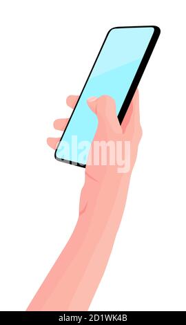 Telefono cellulare in mano. Donna tiene nero smartphone. Schermo a sfioramento con le dita. Copiare spazio per il testo. Illustrazione vettoriale, sfondo bianco Illustrazione Vettoriale