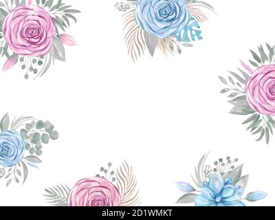 Cornice floreale decorativa sfondo. Fiori di rosa verde su uno sfondo bianco spazio copia Illustrazione Vettoriale