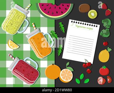 Vista dall'alto di un tavolo con bicchieri di frullati, frutta, verdura e frutti di bosco. Piatto vettore illustrazione di una ricetta di cocktail di frutti di bosco su un tovaglia a scacchi con cocomero, fragole, agrumi, pomodori, kiwi, broccoli e ciliegie. Un foglio di carta strappato bianco da un ricettario. Ricetta vegetariana per frullato. Illustrazione Vettoriale