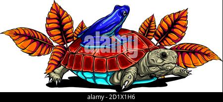 Tartaruga cartoon in posa su foglie groppa vettore Illustrazione Vettoriale