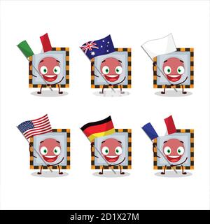 Tra noi pulsante di emergenza cartoon carattere portare le bandiere di vari paesi Illustrazione Vettoriale