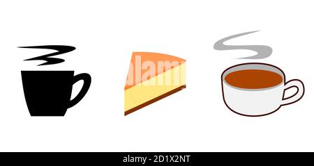 Illustrazione e icona vettoriale di una bevanda calda o caffè e tè in una tazza, Cheesecake o torta pezzo triangolare isolato su sfondo bianco Illustrazione Vettoriale