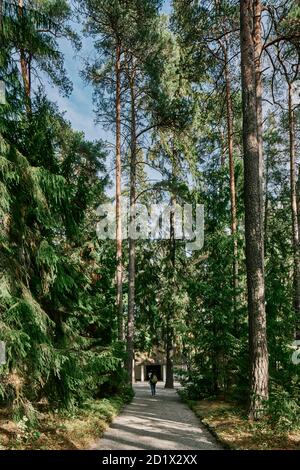 Woodland Chapel a Skogskyrkogården, Stoccolma, Svezia - la prima e la più piccola cappella del cimitero, è stata inaugurata nel 1920. Il design è ispirato alla tenuta Liselund sull'isola di Møn in Danimarca, una semplice cappella in legno circondata da alberi. Foto Stock