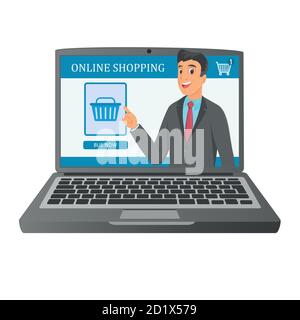 Illustrazione del concetto di computer portatile per lo shopping su Internet. L'uomo d'affari sullo schermo del laptop fa pubblicità allo shopping in linea. Illustrazione Vettoriale