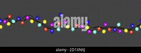 Motivo senza cuciture di luci colorate natalizie ghirlande, decorazioni natalizie. Oggetti decorativi Xmas realistici isolati su sfondo trasparente. Hol Illustrazione Vettoriale